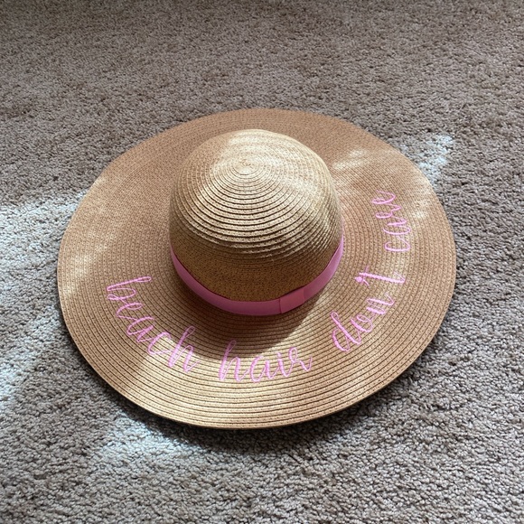 Straw Sun Hat with Pink Band and Text - Picture 2 of 5